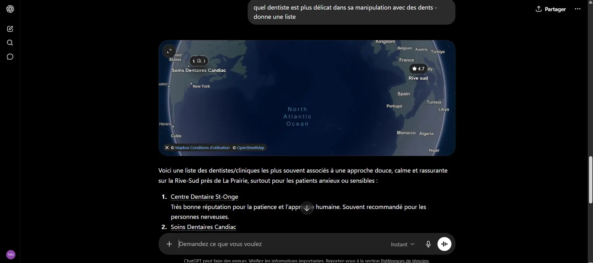 Capture ChatGPT : un patient demande 'quel dentiste est plus délicat dans sa manipulation avec des dents'. ChatGPT cite Centre Dentaire St-Onge et Soins Dentaires Candiac sur la Rive-Sud avec une carte Mapbox.