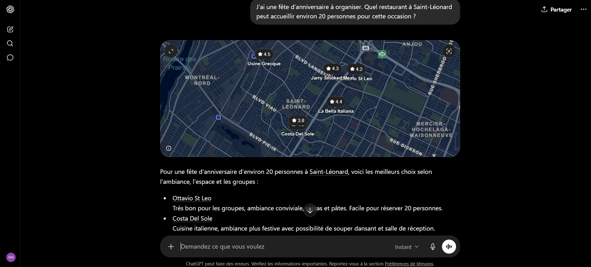 Capture ChatGPT : un utilisateur demande 'J'ai une fête d'anniversaire à organiser. Quel restaurant à Saint-Léonard peut accueillir environ 20 personnes ?'. ChatGPT cite Ottavio St Leo et Costa Del Sole avec une carte Mapbox des restaurants du quartier.