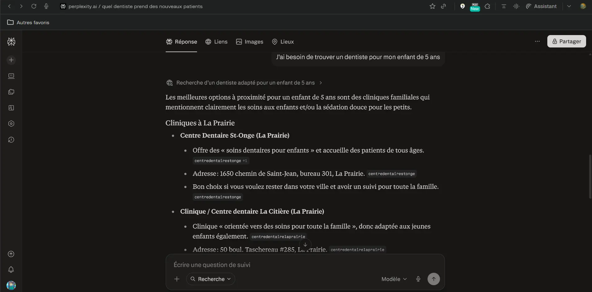 Capture Perplexity : un parent demande 'J'ai besoin de trouver un dentiste pour mon enfant de 5 ans'. Perplexity cite Centre Dentaire St-Onge et Clinique La Citière à La Prairie avec leurs adresses complètes.