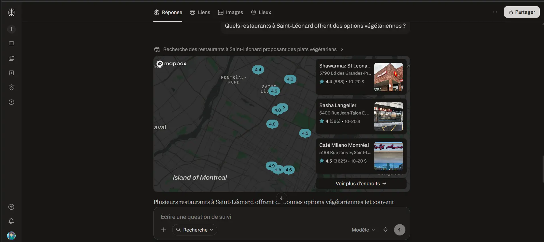 Capture Perplexity : un utilisateur demande 'Quels restaurants à Saint-Léonard offrent des options végétariennes ?'. Perplexity cite Shawarmaz St Leonard, Basha Langelier et Café Milano avec leurs adresses, notes Google et fourchettes de prix.